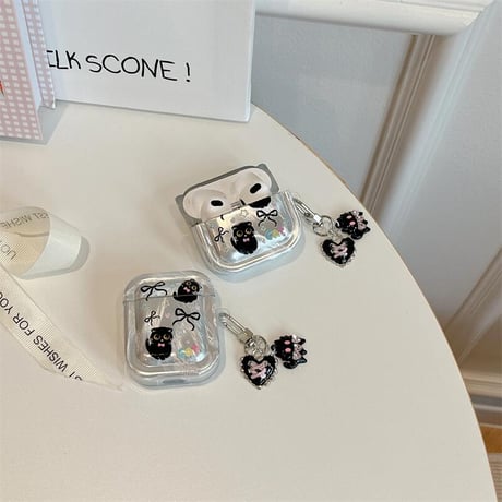 CUTECASE黒猫 Airpods3/proケース 可愛いアクセサリー付 AirpodsPro2カバー キラキラ 丈夫 ギフトにおすすめCM4006