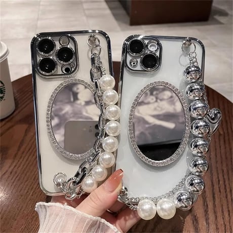 CUTECASEオシャレ 鏡付 iPhone15pro/15promaxケース パールチェーン付 アイフォン14プロ/13/12カバー 豪華 ギフトに最適 CM4475