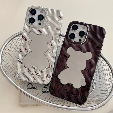 CUTECASE クマちゃんミラー iPhone17/16proケース ジュエリーデコ 波紋 iPhone15pro/14/13カバー メイク直し 可愛いCM5591