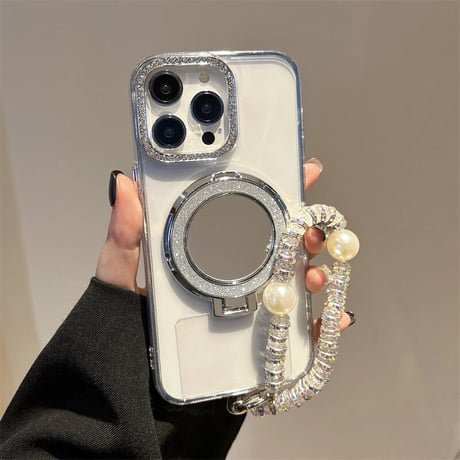 CUTECASEミラーリングスタンド アイフォン16/16proケース ジュエリー iPhone15pro/14/13proカバー オシャレストラップ 高透明 CM5506