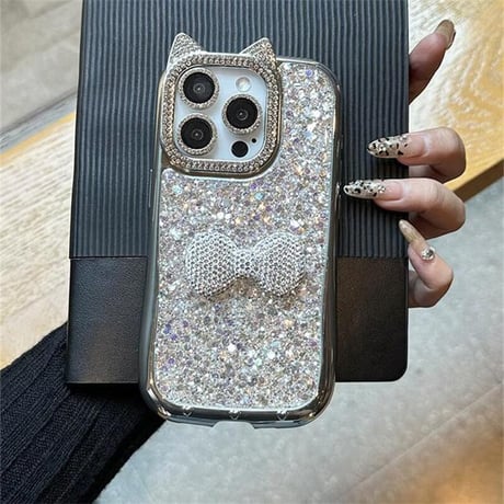 CUTECASEジュエリーリボン iPhone16/16Proケース 猫耳 キラキラグリッター アイフォン15プロ/14/13proカバー おしゃれストラップ 豪華 CM4827