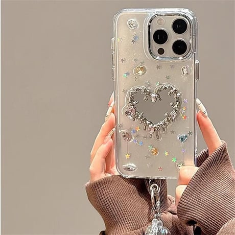 CUTECASEダイヤ鏡 iPhone16pro/16ケース 宝石デコ iPhone15Pro/14/13proカバー キラキラストラップ付 おしゃれ CM4943