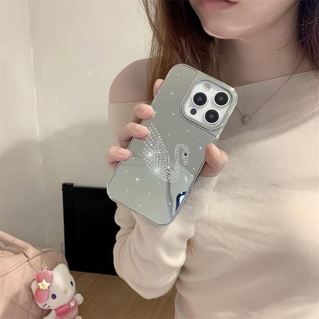 CUTECASEジュエリースワン iPhone16pro/16カバー メイク直し鏡 iPhone15pro/14promax/13ケース 頑丈 上品 大人可愛い CM5212