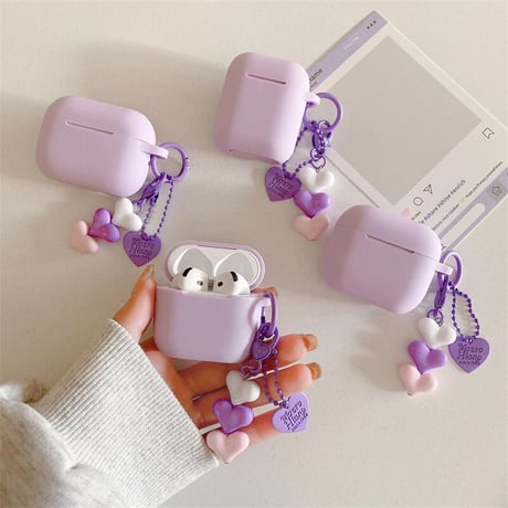 CUTECASEラベンダー色 Airpods４ケース 充電口カバー付 Airpods3/pro2カバー ハートキーチェーン付 シリコン 丈夫CM5198