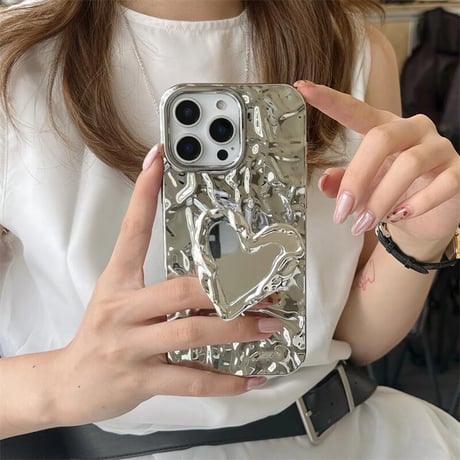 CUTECASE しわ模様 iPhone17/16proケース ハート型ミラー付グリップ付 iPhone15promax/14proケース ジュエリーストラップ 高機能CM5640