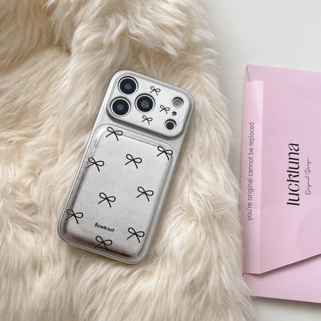 CUTECASE リボン柄 iPhone17pro/17ケース カメラカバー付 シルバー iPhone16/15promax/14ケース ストラップ シックCM6018