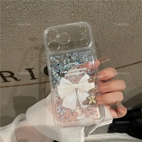 CUTECASE 動くダイヤ入り iPhone17Promaxケース リボン柄 アイフォン16/15promax/14/13/12/11カバー 女子力高い ギフトにおすすめCM5772