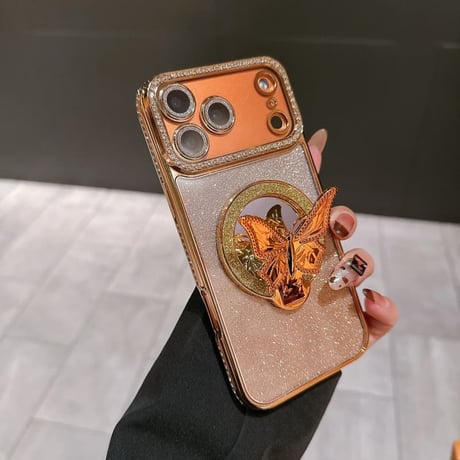 CUTECASE 鏡付蝶スタンド iPhone17Pro/17ケース メタリックカラー iPhone16/15ProMax/14ケース ラグジュアリー感 キラキラライン 大人気 レンズ保護CM6240