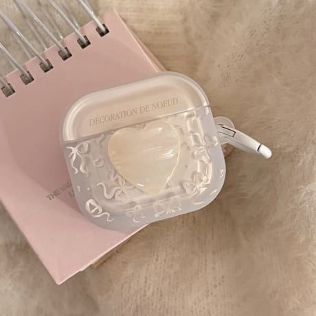 CUTECASE シェル風ハート Airpods Pro3ケース リボン柄 Airpods 4/3カバーケース AirpodsPro2/1 キラキラ感 オシャレホワイト CM6187