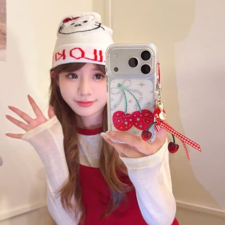 CUTECASE ダイヤデコサクランボ iPhone17pro/17ケース キラキラ感 iPhone16/15proケース 可愛いストラップ 女子力高いCM6040