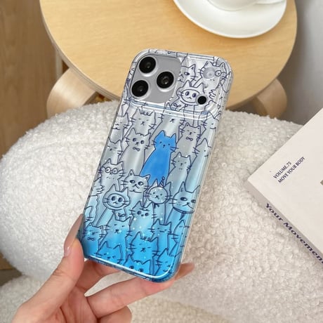 CUTECASE 猫イラスト iPhone17Pro/17promaxケース グラデーションブルーカラー iPhone17/16Pro/15ケース かわいい 光沢感 丈夫CM6199