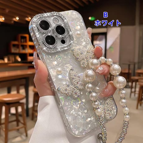 CUTECASE ジュエリー/パールデコ iPhone17/16promaxカバー 蝶々 カメラカバー iPhone15/14/13ケース 綺麗ストラップ キラキラハート入りシェル柄CM5590