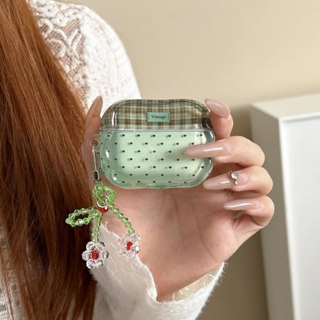 CUTECASE 薄荷緑 Airpods Pro3ケース ハート柄 うねうね Airpods4/3カバー pro2/pro1 リング/キーホルダー 大人可愛い CM6251