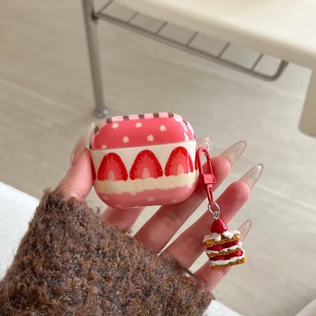 CUTECASE イチゴ柄 Airpods 4/Pro3ケース ケーキキーホルダー付 Airpods 3カバー AirpodsPro2/1 美味しそう 可愛すぎ CM6073