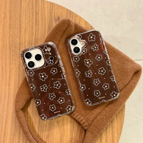 CUTECASE ブラウン 花柄 iPhone17Pro/17ケース 艶感 iPhone17ProMax/16Pro/15カバー オシャレ 韓国っぽCM6082