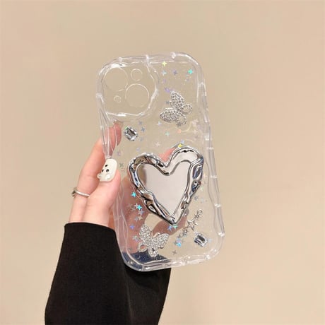 CUTECASEハートミラー iPhone15/15proケース キラキラ蝶 アイフォン14/13pro/12ケース 女子力アップ うねうねCM4529