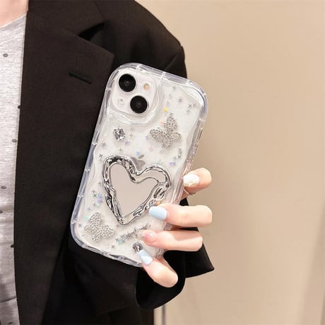 CUTECASEハートミラー iPhone15/15proケース キラキラ蝶 アイフォン14/13pro/12ケース 女子力アップ うねうねCM4529