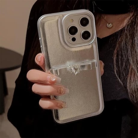 CUTECASEハートダイヤ iPhone15/15proケース 高級感 リボンストラップ iPhone14pro/13/12proケース シルバー 高級感CM4051