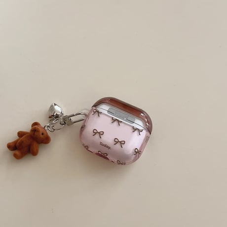 CUTECASE 韓国風 AirpodsPro3ケース リボン柄 エアポッズ4/3 AirpodsPro2/Proカバー リング/熊キーホルダー ギフトにおすすめ CM5810