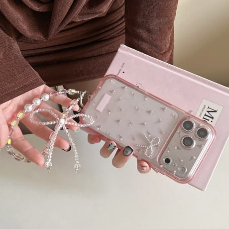 CUTECASE キラキラピンク iPhone17/17proケース 花柄 リボンデコ iPhone17promax/16/15Proカバー 綺麗ストラップ 女子ファッションCM5959