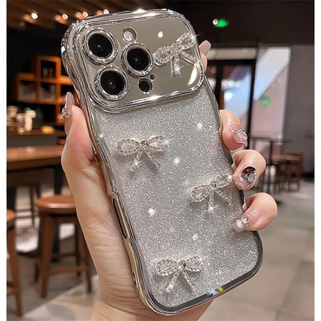 CUTECASEダイヤリボン iPhone16/16Proケース うねうねライン ラメ iPhone15pro/14/13Promaxカバー 綺麗 艶感CM5515