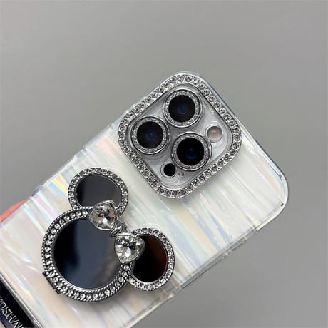 CUTECASE ダイヤ鏡スタンド iPhone17/17proケース シェル柄 iPhone16pro/15/14proカバー レンズカバー ストラップ 多機能高級感 CM5622