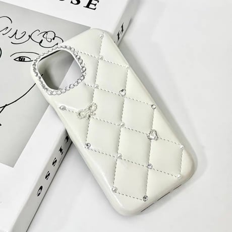 CUTECASEダイヤ/リボンデコ iPhone17ProMax/17Proケース キルティングレザー iPhone17/16Pro/15ケース セレブ愛用 高透明CM5737