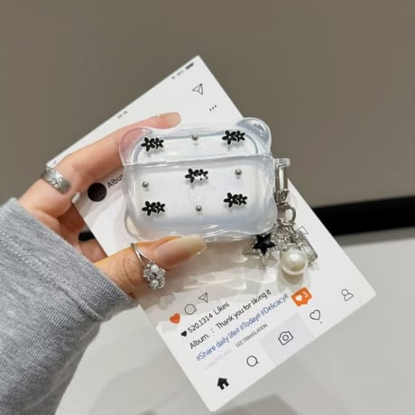 CUTECASE黒花 Airpods Pro3ケース パールキーホルダー Airpods 4/3カバーケース AirpodsPro2/1 韓国風 オシャレ CM6265