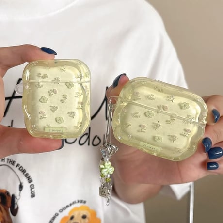 CUTECASE グリーン 花柄 Airpods Pro3ケース うねうね Airpods 4/3カバーケース AirpodsPro2/1 オシャレ 高級感 CM6257
