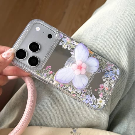 CUTECASE 草花柄ミラー iPhone17pro/17ケース 蝶グリップ iPhone16promax/15proケース かわいい 便利 女子力高いCM6164