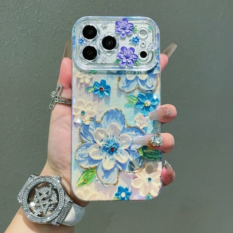 CUTECASE 油絵花 iPhone17Pro/17ケース ダイヤデコライン iPhone17Promax/16Pro/15ケース かわいい 春夏向けCM6155