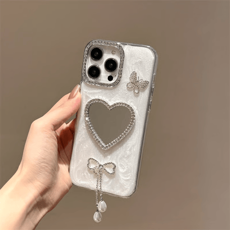 CUTECASE ジュエリーリボンフリンジ iPhone17/16proケース ハート型ミラー iPhone15pro/14/SEカバー 蝶 ストラップCM5608