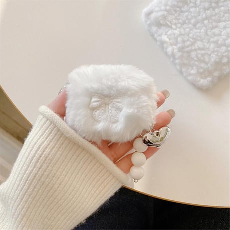 CUTECASEモフモフ Airpods 4ケース パールリボン Airpods3/2カバー Airpodspro2/pro ハートキーチェーン めっちゃ可愛いCM5003