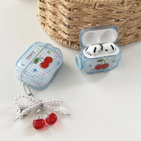 CUTECASEチェリー Airpods Pro3ケース チェック柄 Airpods4/3カバー pro2/pro1 うねうね リング/キーホルダーCM6519