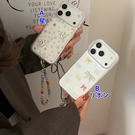 CUTECASE キラキラリボン/星 iPhone17Promaxケース 可愛いストラップ iPhone17pro/16pro/15ケース 大人可愛い CM5820