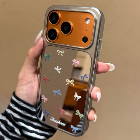 CUTECASE ミラー iPhone17/17Proケース リボン柄 iPhone16ProMax/15Pro/14/13 大人可愛い 頑丈 メッキCM5878