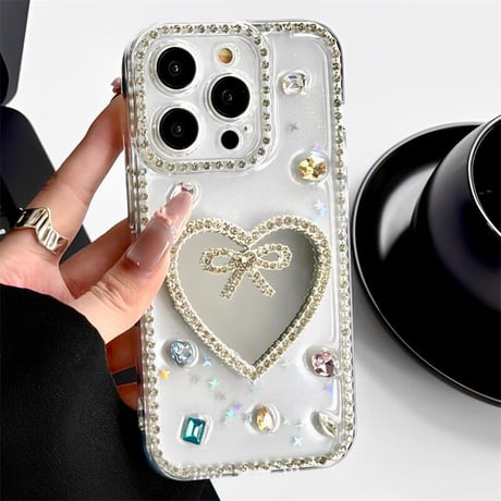 CUTECASE ジュエリーリボン鏡 iPhone16pro/17ケース ダイヤデコ iPhone15promax/14/13カバー 可愛い 女子力高い おしゃれCM5596