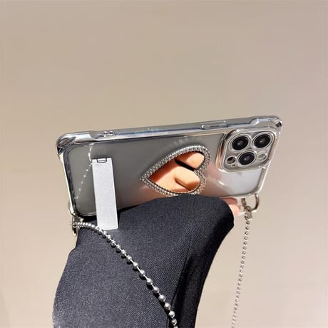 CUTECASEジュエリーハートミラー アイフォン16pro/15ケース スタンド付 ショルダーストラップ付 iPhone14/13pro/12カバー 大人可愛い 多機能CM5240