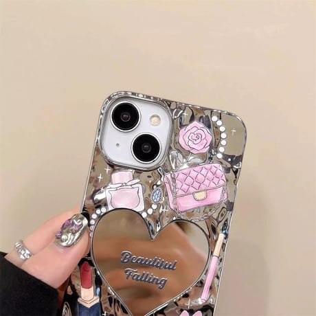 CUTECASEハートミラー iPhone15pro/15promaxケース リボン/パールストラップ付 アイフォン14/13pro/12ケース 可愛い 女子力アップCM4466