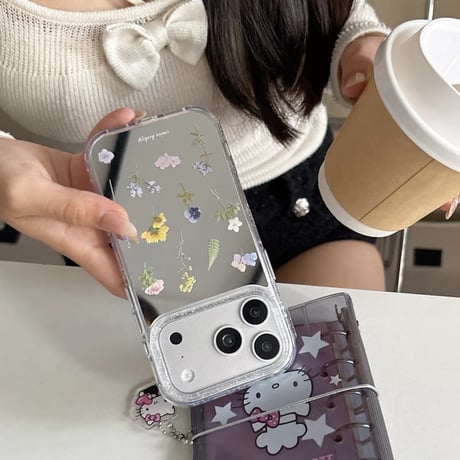 CUTECASE ドライフラワー ミラー iPhone17Pro/17ケース キラキララメ iPhone17Promax/16Pro/15ケース メイク直しに便利CM6244