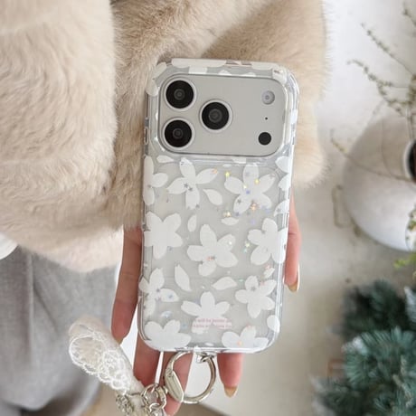 CUTECASE 韓国っぽ iPhone17pro/17ケース 白花 レースリボンキーホルダー iPhone16/15proケース 可愛い 女子力高いCM6153