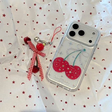 CUTECASE ダイヤデコサクランボ iPhone17pro/17ケース キラキラ感 iPhone16/15proケース 可愛いストラップ 女子力高いCM6040