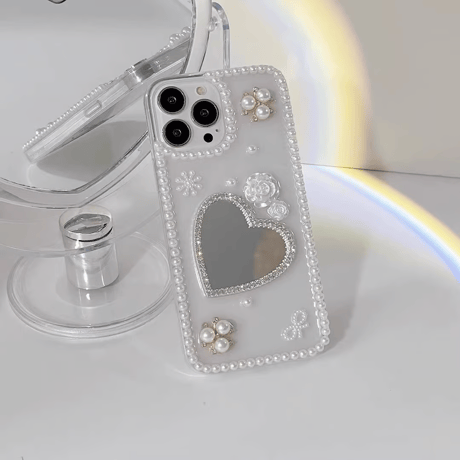 CUTECASE パール 鏡 iPhone15/15pro/15plusケース 可愛い iPhone14pro/13mini/12proカバー きれいめコーデ ギフトに最適 CM4041