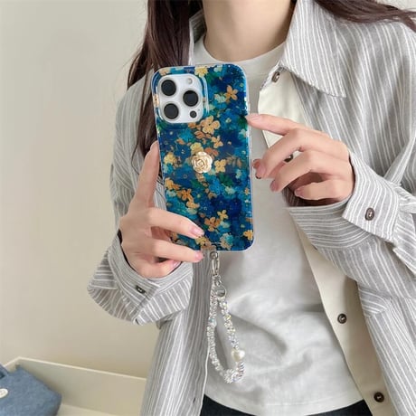 CUTECASE花柄 iphone16/16proケース ブルー iphone15pro/14/13proケース ジュエリーストラップ付 女子力高い CM5053