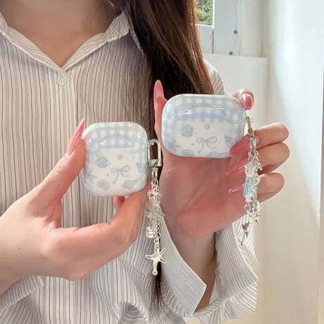 CUTECASE ブルーリボン柄 Airpods Pro3ケース 貝殻キーホルダー Airpods 4/3カバー AirpodsPro2/1 大人可愛いCM6297