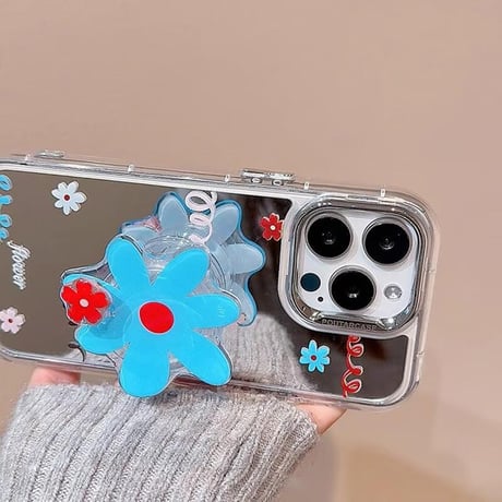 CUTECASE花柄 ミラーiPhone16pro/16ケース 花グリップ iphone15pro/14/13proカバー 大人可愛い スタンド付 人気品CM5199