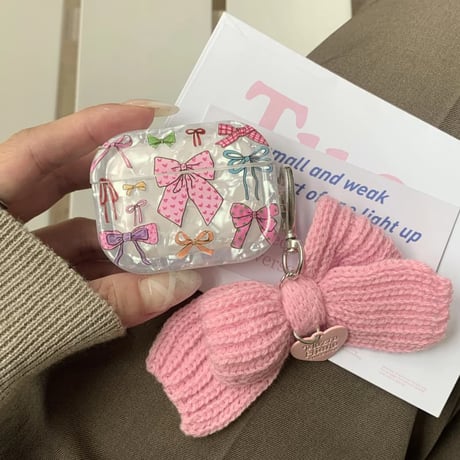 CUTECASE リボン柄 AirpodsPro3ケース ニットリボンキーホルダー付き Airpods4/3/Pro2ケース 女子力高い 可愛いギフトCM5758