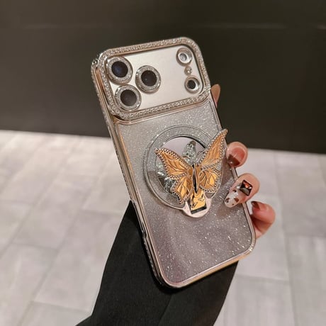 CUTECASE 鏡付蝶スタンド iPhone17Pro/17ケース メタリックカラー iPhone16/15ProMax/14ケース ラグジュアリー感 キラキラライン 大人気 レンズ保護CM6240