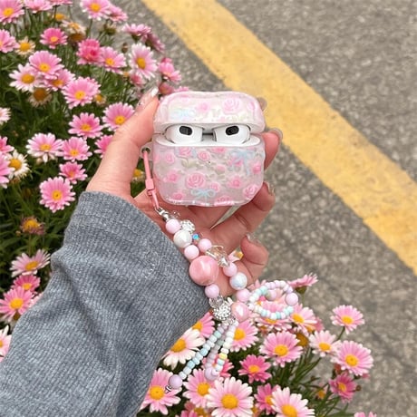 CUTECASEピンク花柄 Airpods 4ケース リボンキーチェーン付 Airpods3/Pro2ケース airpodsproカバー 大人可愛い ガーリーファッション CM5258