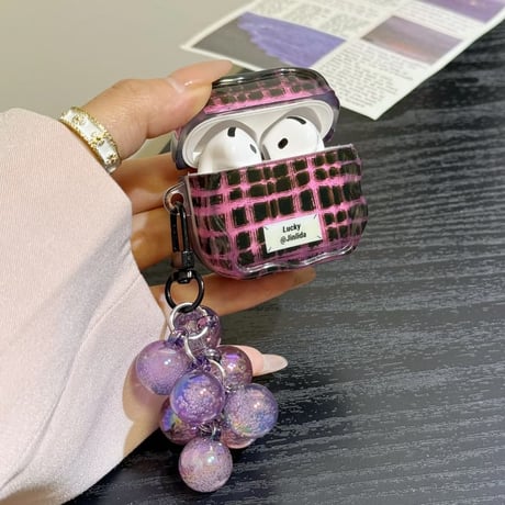 CUTECASE パープル系 Airpods Pro3ケース ぶどうっぽキーホルダー Airpods 4/3カバーケース AirpodsPro2/1 オシャレ チェック柄 CM6176